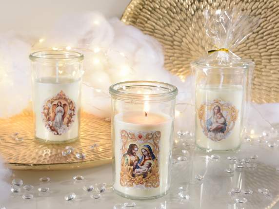 Candela votiva con immagini sacre in vaso di vetro