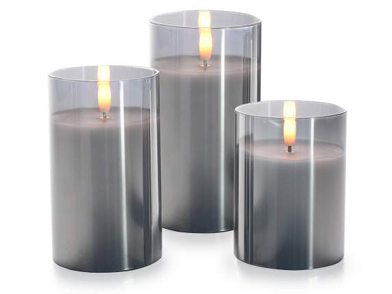 Set 3 candele elettroniche cera in vetro fiamma LED fissa