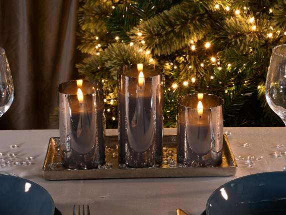 Set 3 candele elettroniche cera in vetro fiamma LED fissa