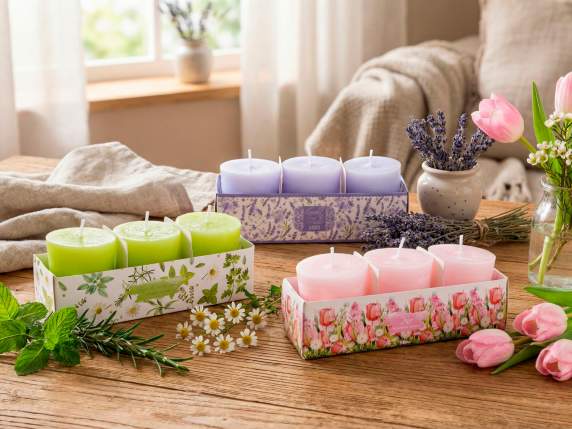 Scatola con 3 candele profumate e colorate stampa floreale