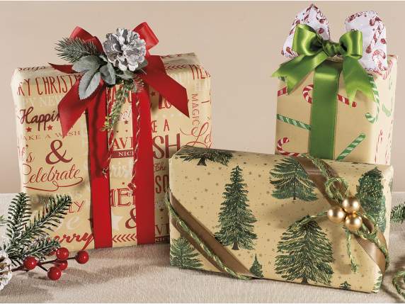 Confezione 60 fogli di carta regalo kraft naturale natalizia