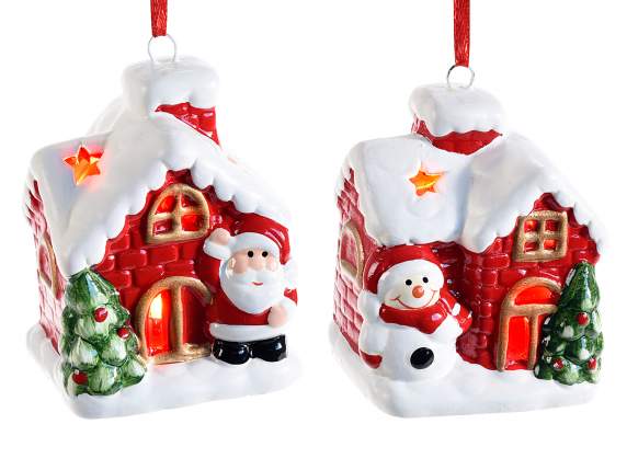 Casetta ceramica c-personaggi natalizi c-luci da appendere