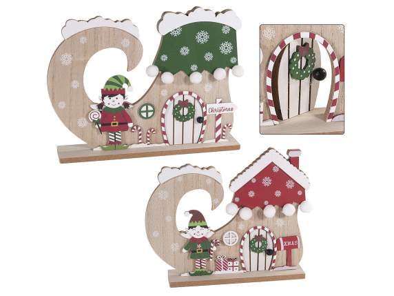 Set 2 casette natalizie a scarpetta in legno con elfo