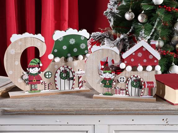 Set 2 casette natalizie a scarpetta in legno con elfo