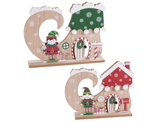 Set 2 casette natalizie a scarpetta in legno con elfo