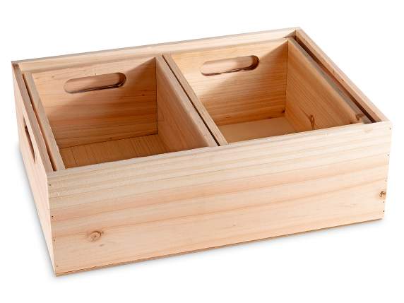 Set 3 cassette in legno in 2 misure con maniglie laterali