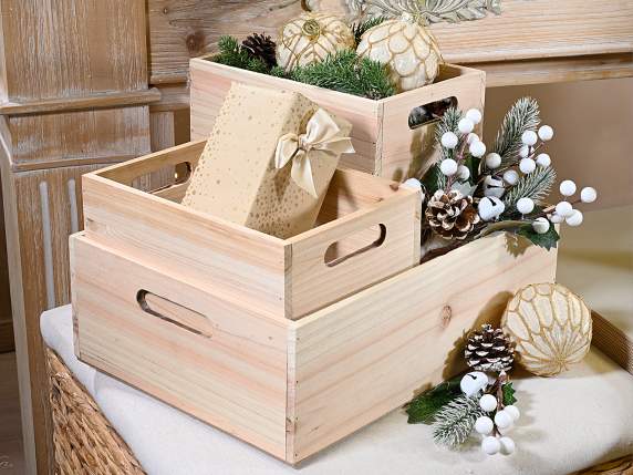 Set 3 cassette in legno in 2 misure con maniglie laterali