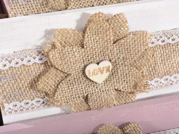 Set 4 cassette in legno 2 colori con fiore e manici in corda