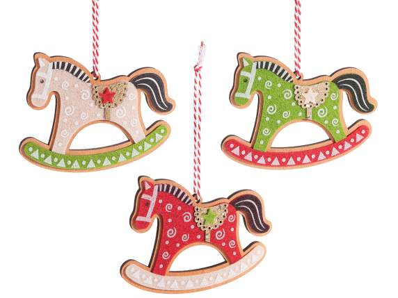 Cavallino a dondolo in legno e panno colorato da appendere