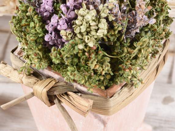 Alberello in vasetto con rose, fiori artificiali e fiocco