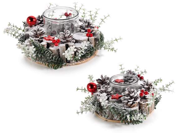 Set 2 centrotavola legno e portacandela vetro, decori e neve
