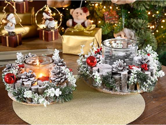 Set 2 centrotavola legno e portacandela vetro, decori e neve