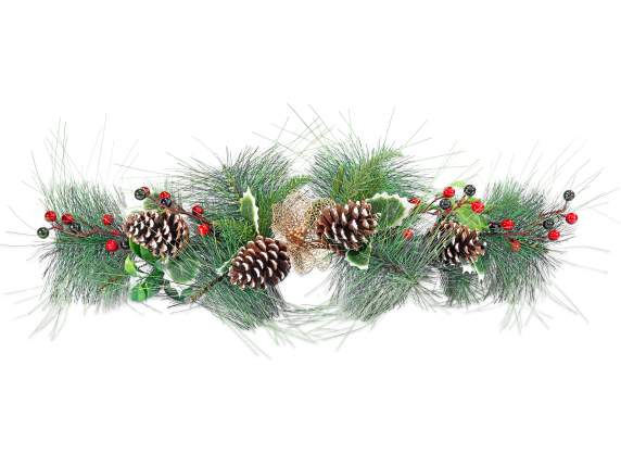 Fascina decorativa con aghi di pino, bacche rosse e pigne