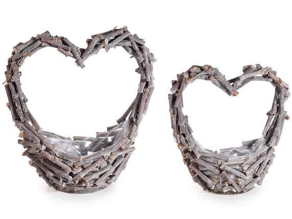 Set 2 cestini portafiori in legno con manico a cuore