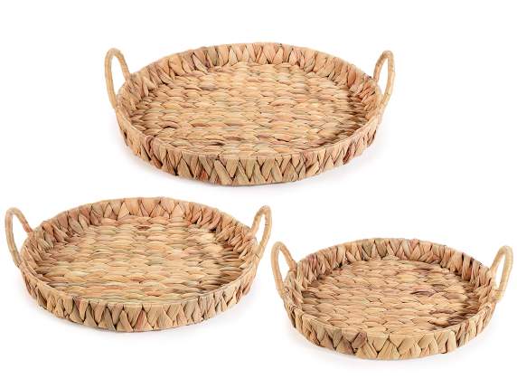 Set 3 cestini, vassoi tondi giacinto intrecciato con manici
