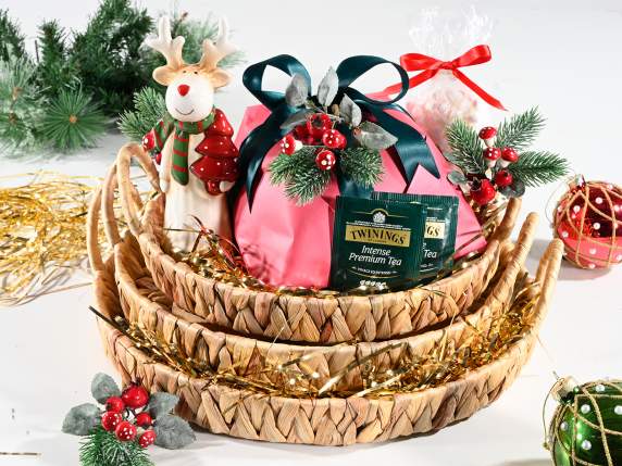 Set 3 cestini, vassoi tondi giacinto intrecciato con manici