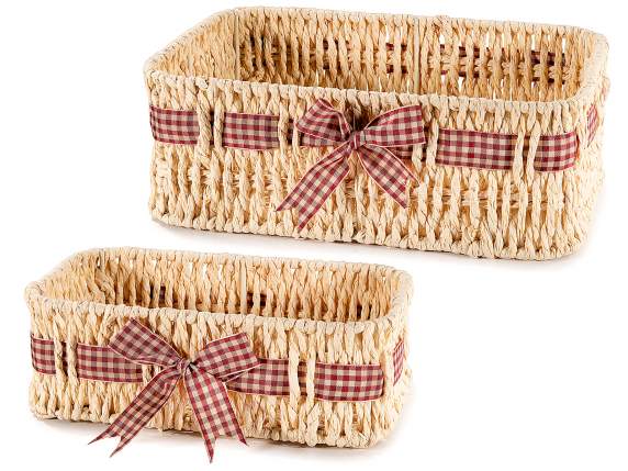 Set 2 cestini rettangolari in carta intrecciata con fiocco