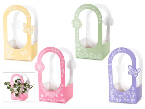 Cestino sagomato in carta colorata con manici e dedica