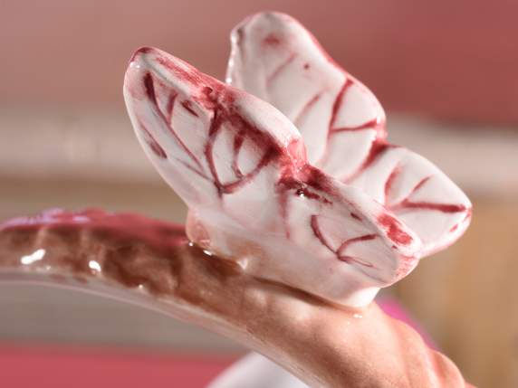 Cestino in ceramica con manico, coniglietto e farfalla