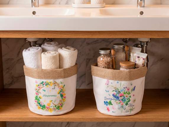 Cestino in stoffa con decori floreali e interno in juta