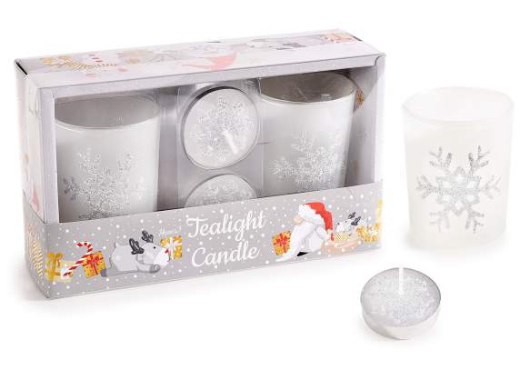 Conf. regalo Snow Holiday con 2 tealight e 2 portacandela