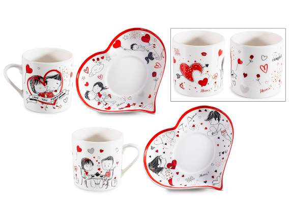 Conf. a cuore con 2 tazzine 80 ml e piattini in porcellana