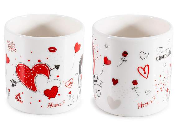 Conf. a cuore con 2 tazzine 80 ml e piattini in porcellana