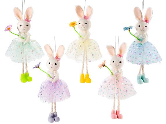 Coniglietto gambelunghe con abito tulle e fiore da appendere
