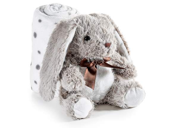 Coniglietto in morbido peluche con fiocco e copertina