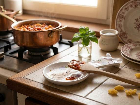 Poggiamestolo in ceramica con stampa coniglietti e fiocco