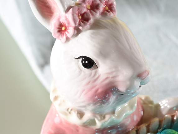 Cestino in ceramica con coniglio e decori in rilievo