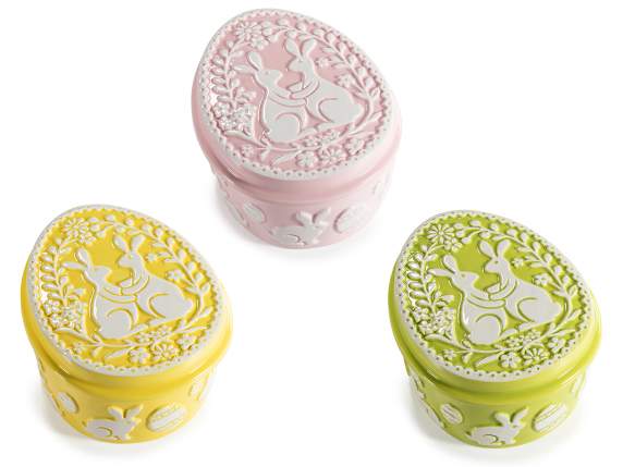Uovo alimentare ceramica con coperchio e decori in rilievo