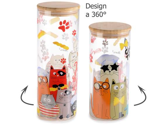 Set 2 barattoli alimentari vetro FunnyCats c-coperchio legno