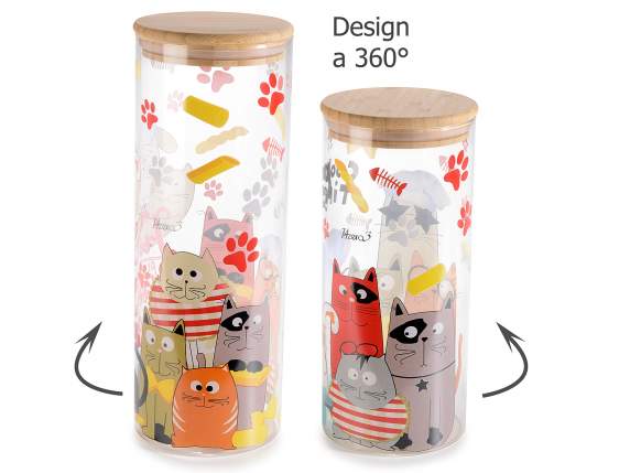 Set 2 barattoli alimentari vetro FunnyCats c-coperchio legno