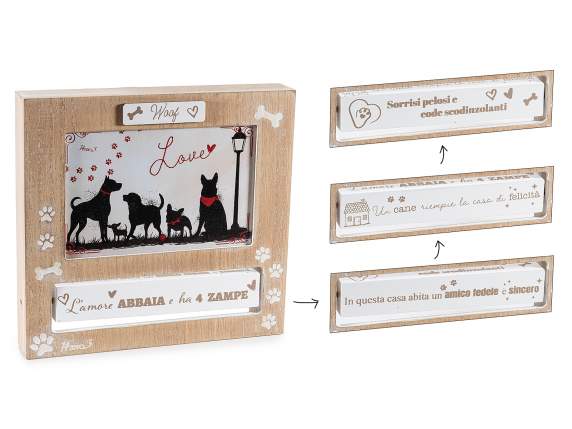 Portafoto in legno con decori cani gatti e scritta girevole