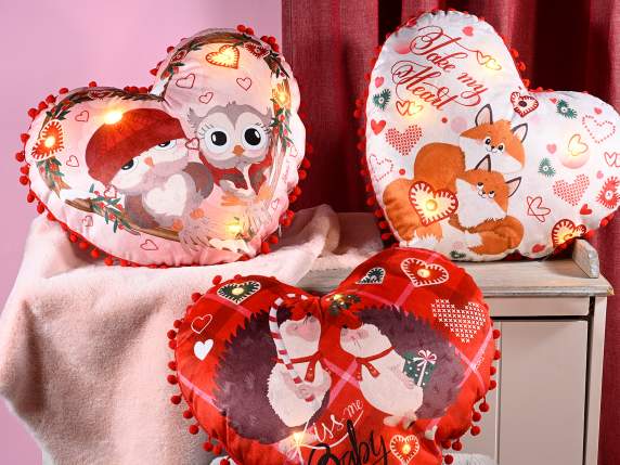 Cuscino cuore animaletti imbottito sfoderabile con luci led