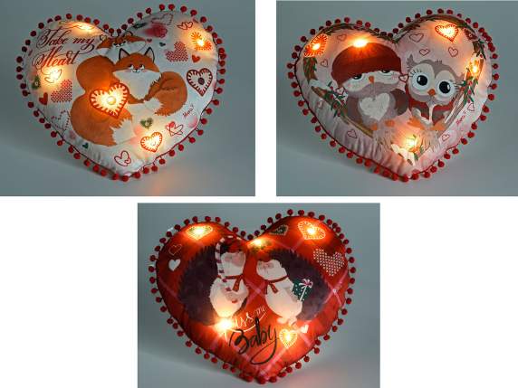 Cuscino cuore animaletti imbottito sfoderabile con luci led