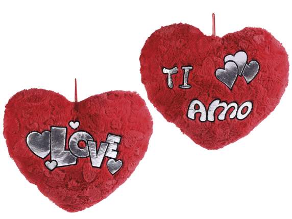 Cuscino in peluche cuore imbottito con scritte, da appendere