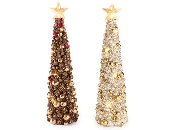 Albero Natale in resina con palline dorate, pigne e luci LED