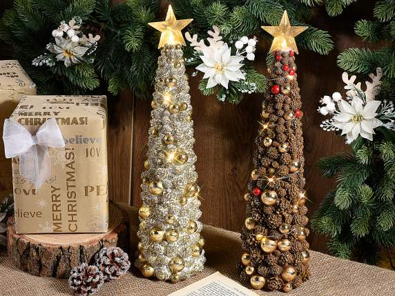 Albero Natale in resina con palline dorate, pigne e luci LED