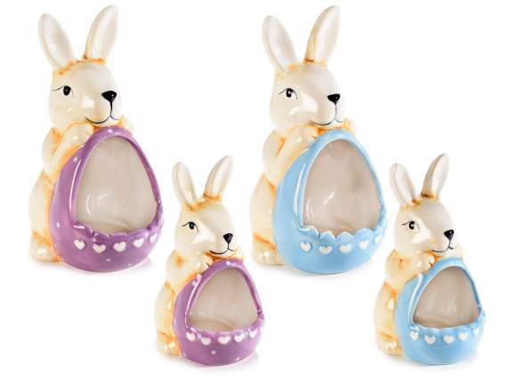 Set 2 coniglietti in ceramica con cestino a uovo decorato