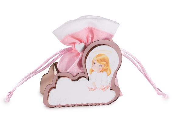 Decoro Battesimo in legno con sacchetto rosa con tirante