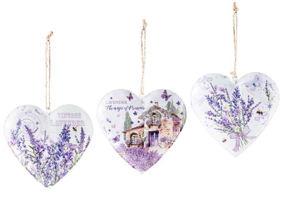 Cuore in metallo con decori lavanda e cordino da appendere