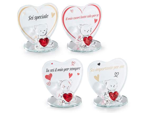 Cuore con orsetto e cuoricino rosso in vetro con dedica