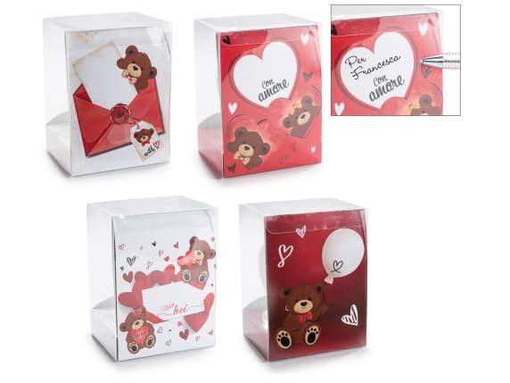 Cuore con orsetto e cuoricino rosso in vetro con dedica