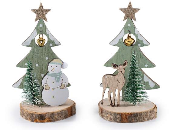 Decoro legno con albero con stella glitterata e campanella