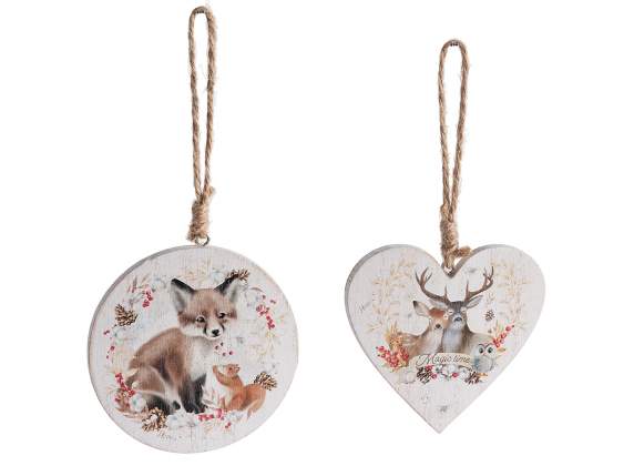 Decorazione in legno da appendere con animaletti del bosco