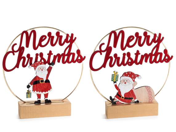 Decoro metallo su base legno c-Babbo Natale e MerryChristmas