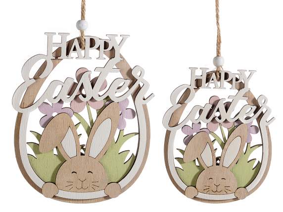 Set 2 uova da appendere in legno con coniglio e Happy Easter