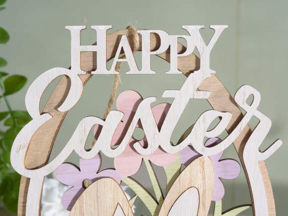 Set 2 uova da appendere in legno con coniglio e Happy Easter